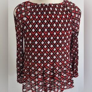 Chico's Women's Red Geometric Long-Sleeve Blouse pleated button cuffs luxurious
